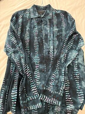 Jhane Barnes Teal Button-Up Shirt with Mint and Pink Dot Accents
